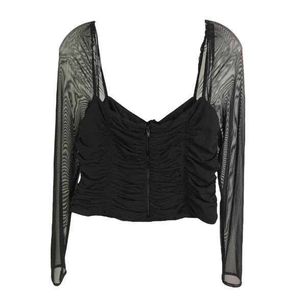 Self-Portrait Ruched Top Women Sz 10 Black Jersey Mesh Long Sleeve Night Out - Picture 2 of 11